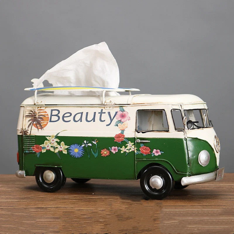 Tissue Box Holder Hand-Painted Floral Retro Bus