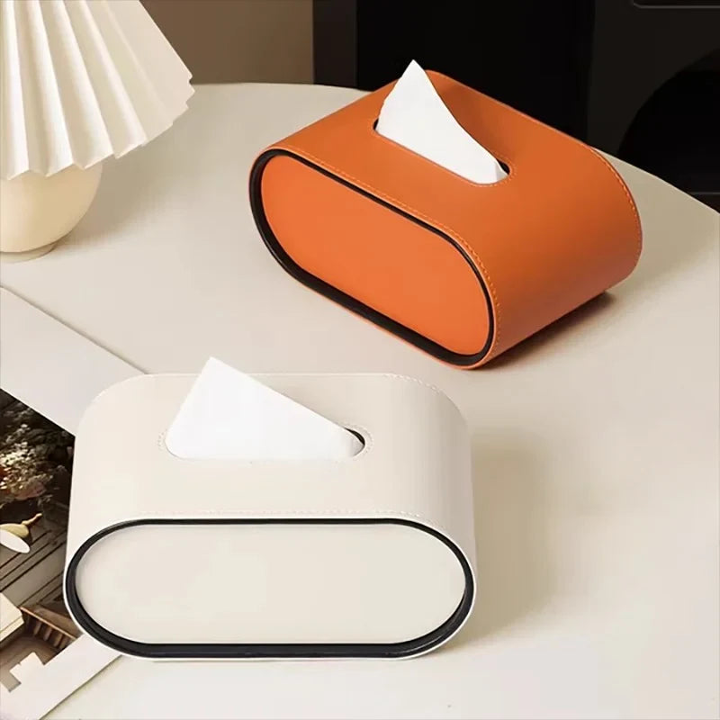 Tissue Box Holder Oval Leather Easy Clean