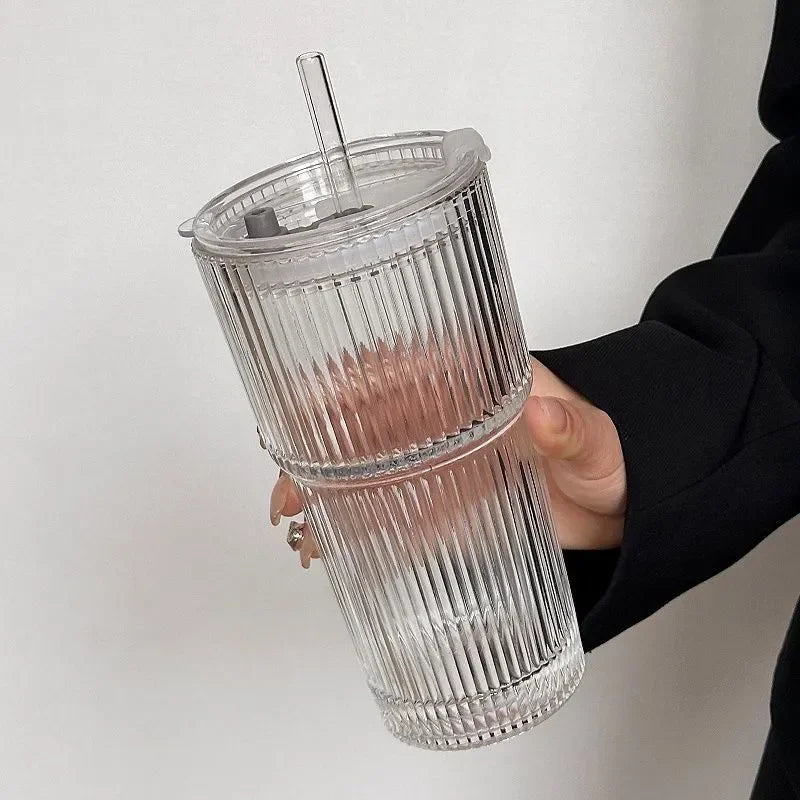 To-Go Cup Ribbed Borosilicate Glass Leak-Proof Lid