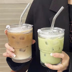 To-Go Cup Ribbed Borosilicate Glass Leak-Proof Lid