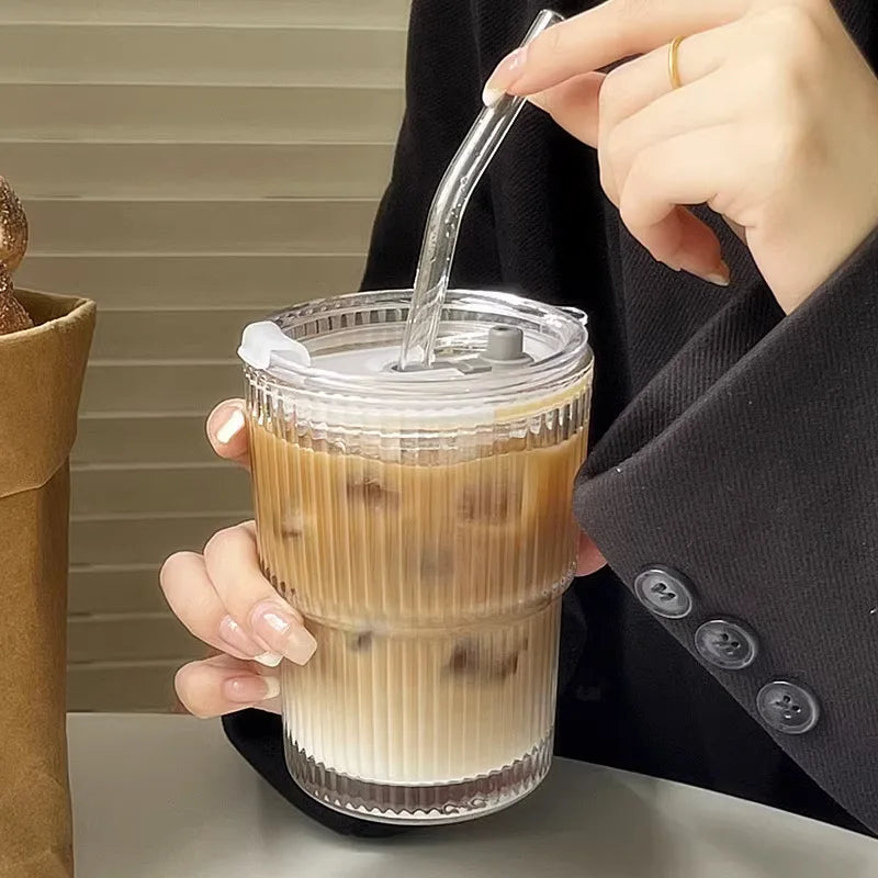 To-Go Cup Ribbed Borosilicate Glass Leak-Proof Lid