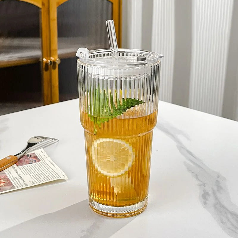 To-Go Cup Ribbed Borosilicate Glass Leak-Proof Lid