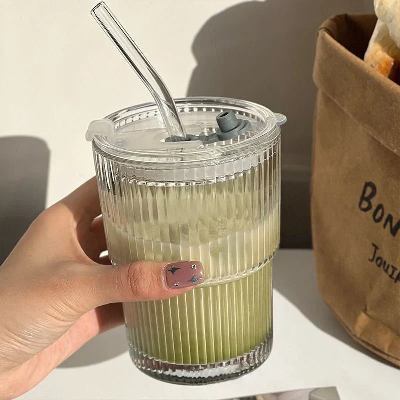 To-Go Cup Ribbed Borosilicate Glass Leak-Proof Lid
