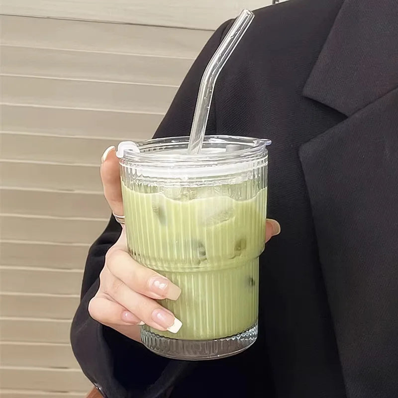 To-Go Cup Ribbed Borosilicate Glass Leak-Proof Lid