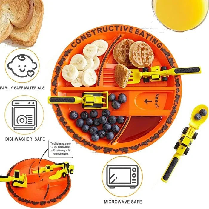 Toddler Dinnerware Set Sectioned Plate & Soft-Grip Utensils Dishwasher-Safe