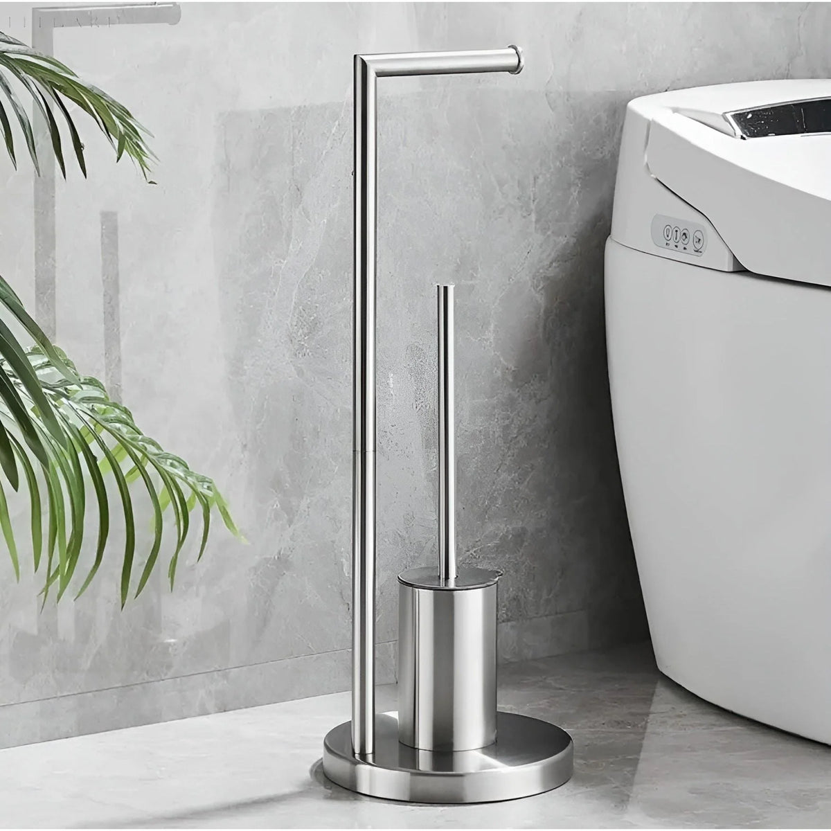 Toilet Paper Holder Freestanding Integrated Brush Space-Saving