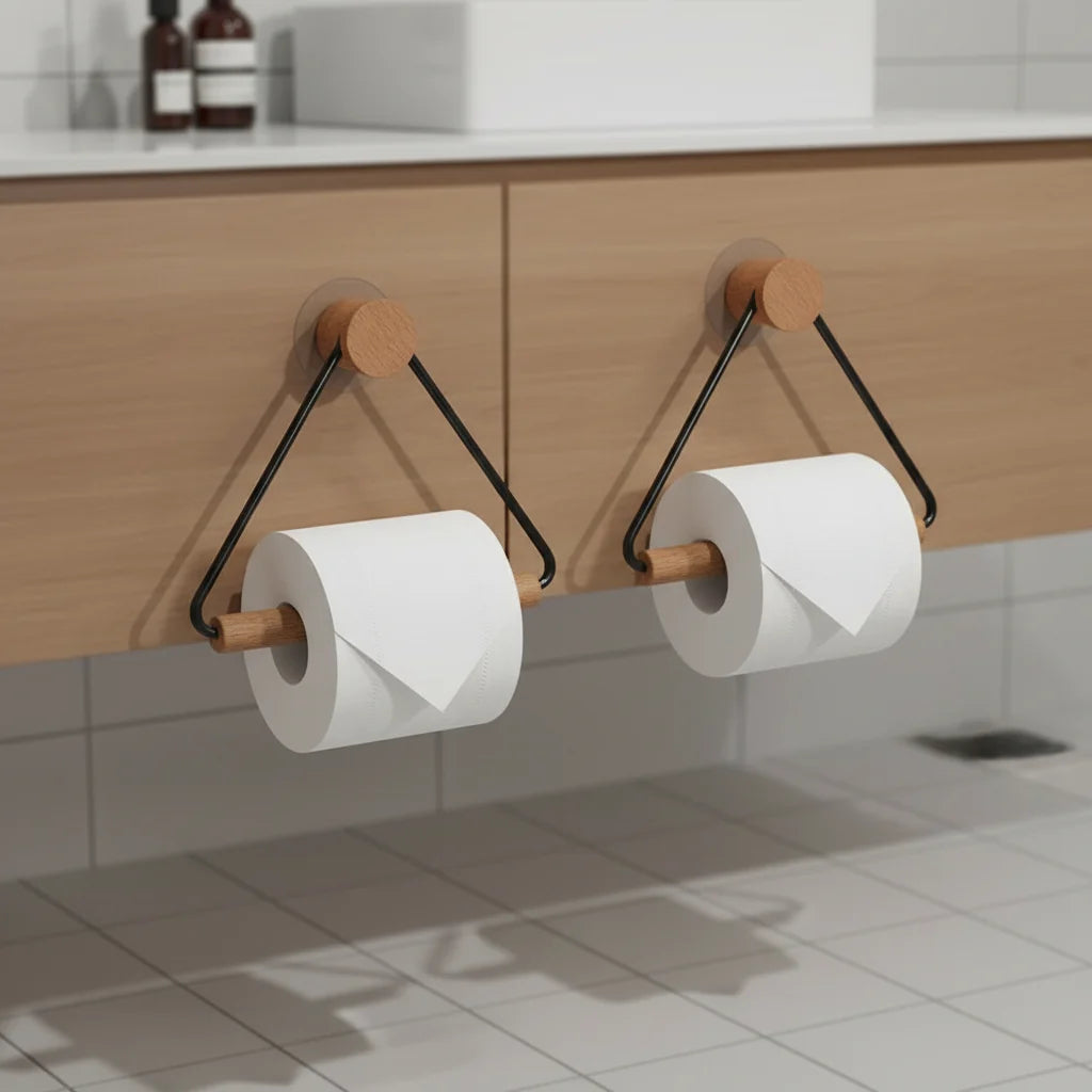 Toilet Paper Holder Set Wall-Mounted Wood & Metal