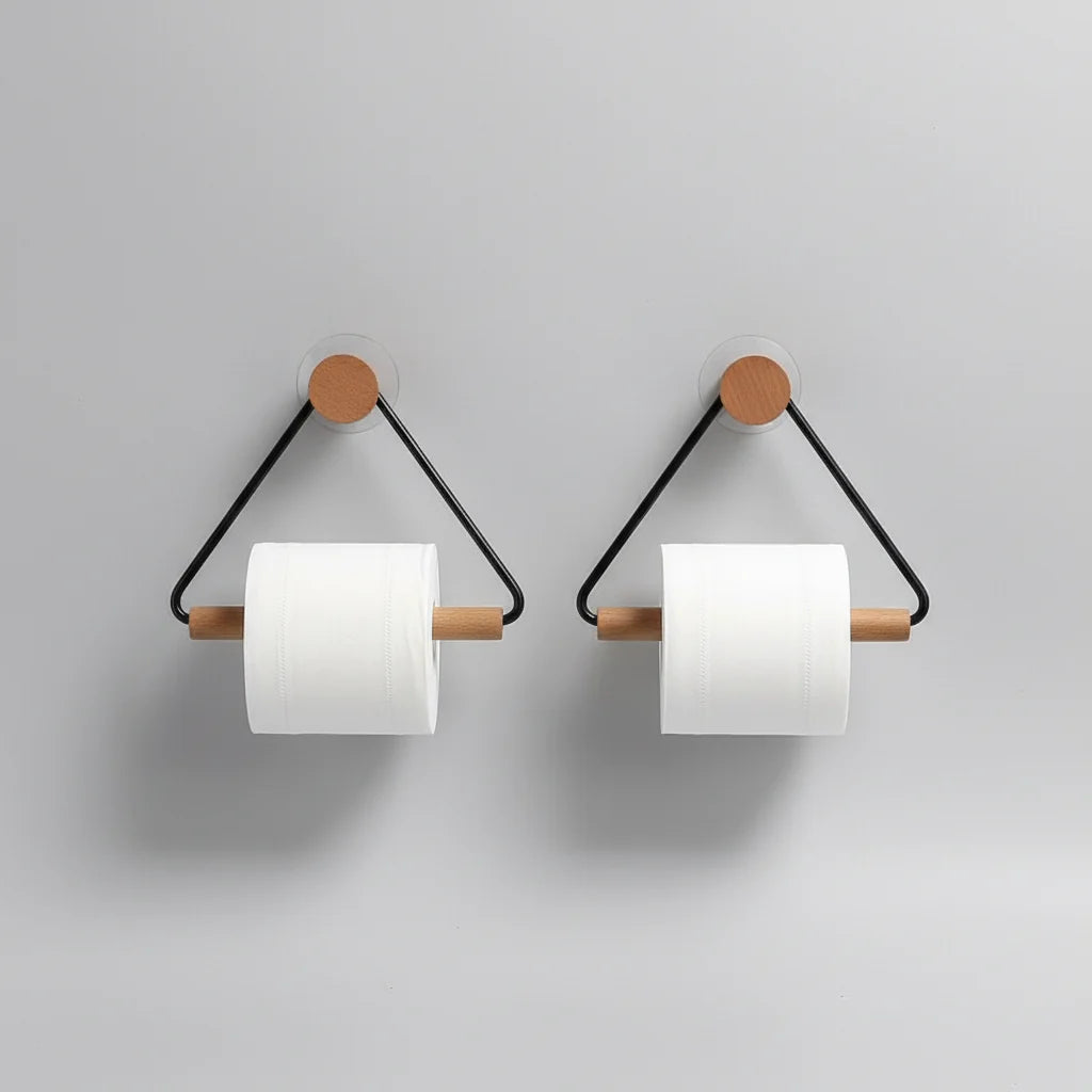 Toilet Paper Holder Set Wall-Mounted Wood & Metal
