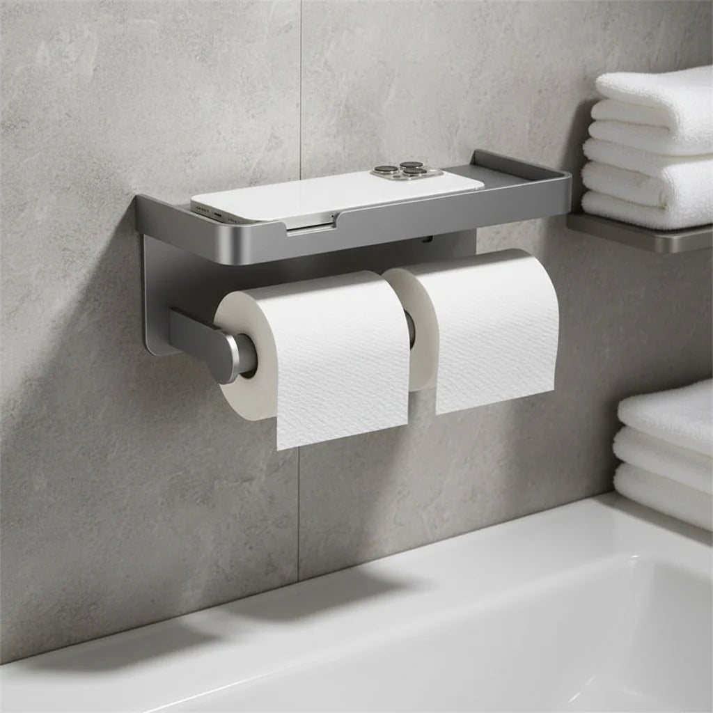 Toilet Paper Holder Space-Saving Wall-Mounted Aluminum Shelf