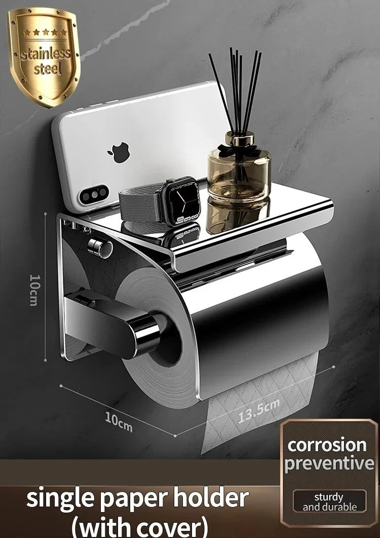 Toilet Paper Holder Stainless Steel Top Shelf & Flap