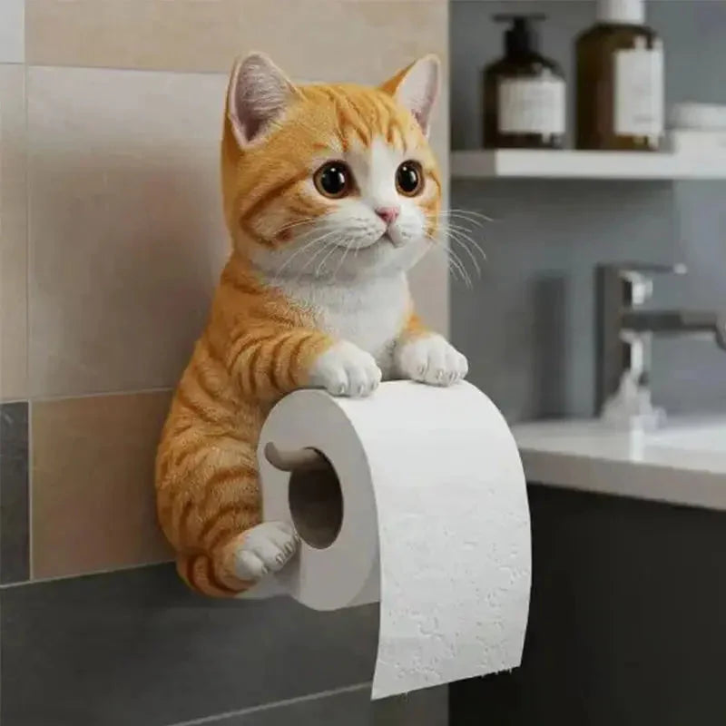 Toilet Paper Holder Wall-Mounted 3D Cat Moisture-Resistant Resin