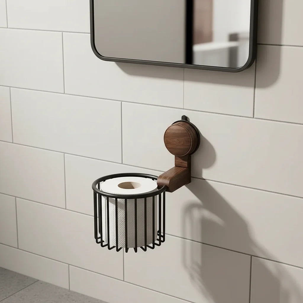 Toilet Paper Holder Wall-Mounted Drill-Free Suction Walnut & Metal