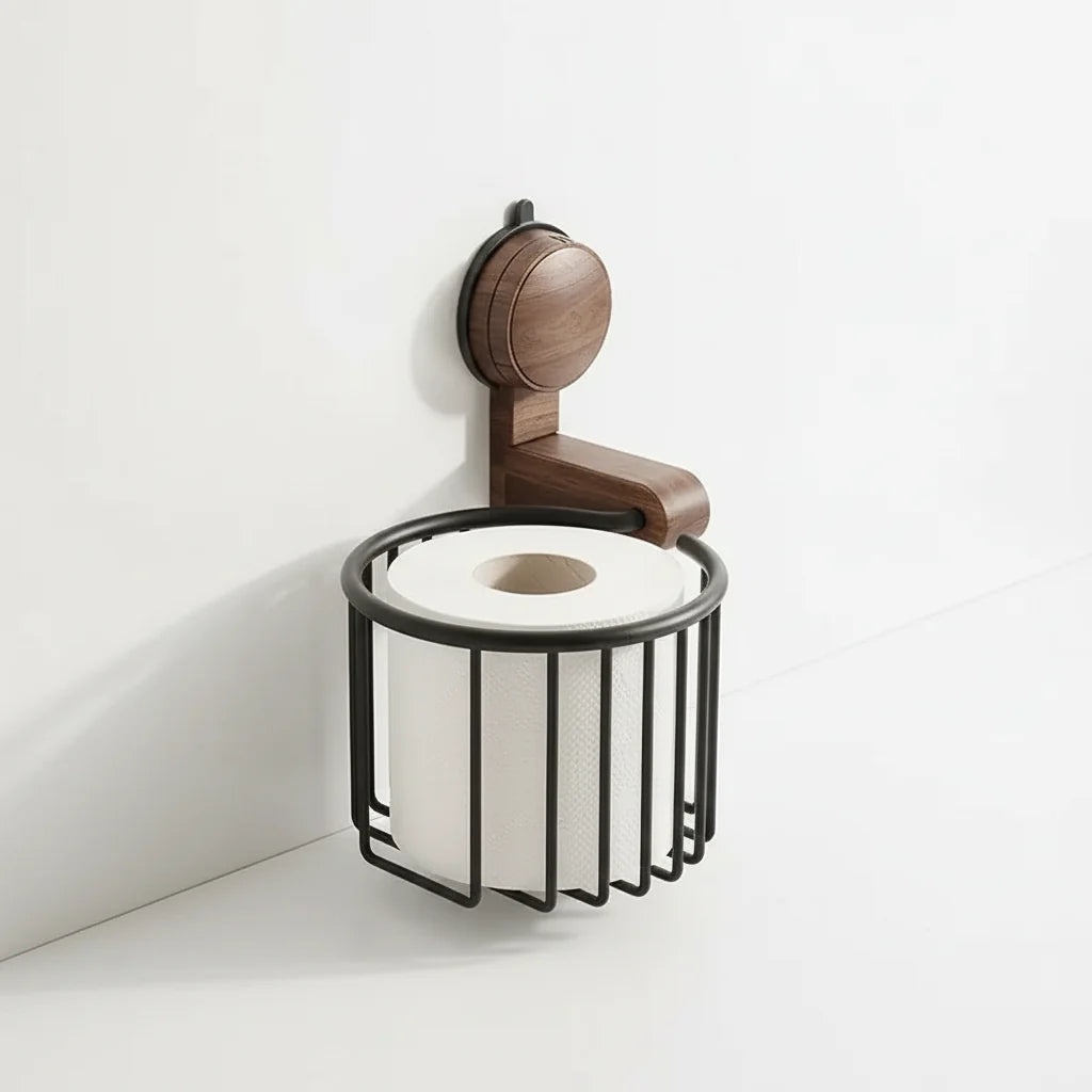 Toilet Paper Holder Wall-Mounted Drill-Free Suction Walnut & Metal