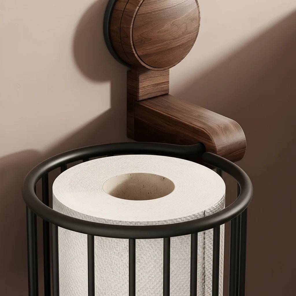 Toilet Paper Holder Wall-Mounted Drill-Free Suction Walnut & Metal