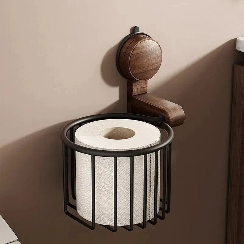 Toilet Paper Holder Wall-Mounted Drill-Free Suction Walnut & Metal