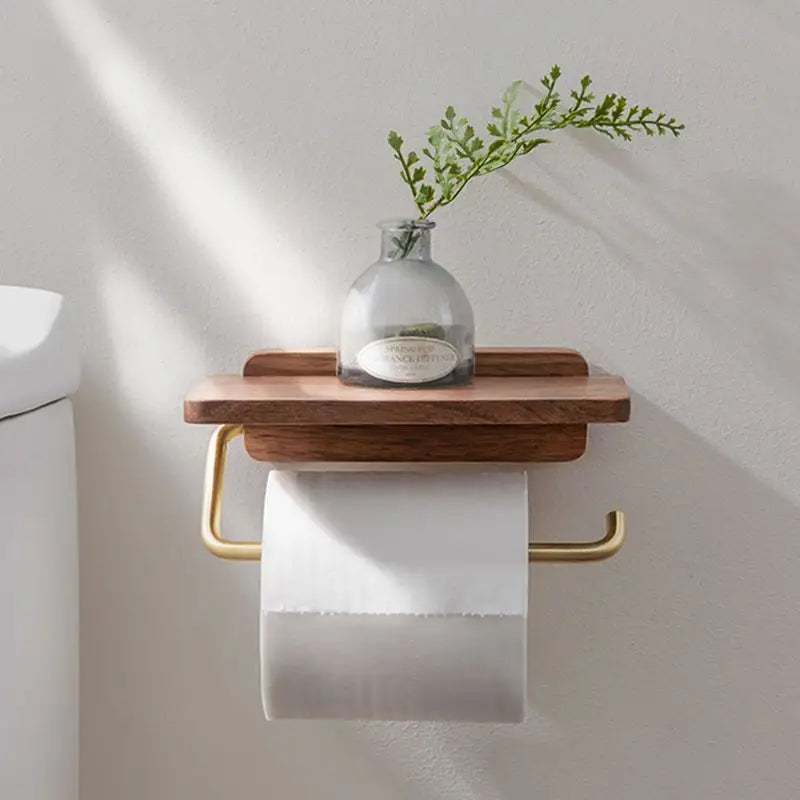 Toilet Paper Holder Wall-Mounted Solid Walnut Shelf