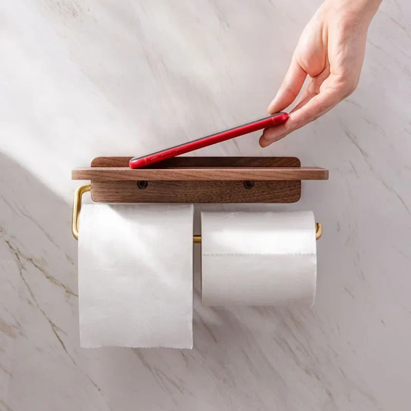 Toilet Paper Holder Wall-Mounted Solid Walnut Shelf