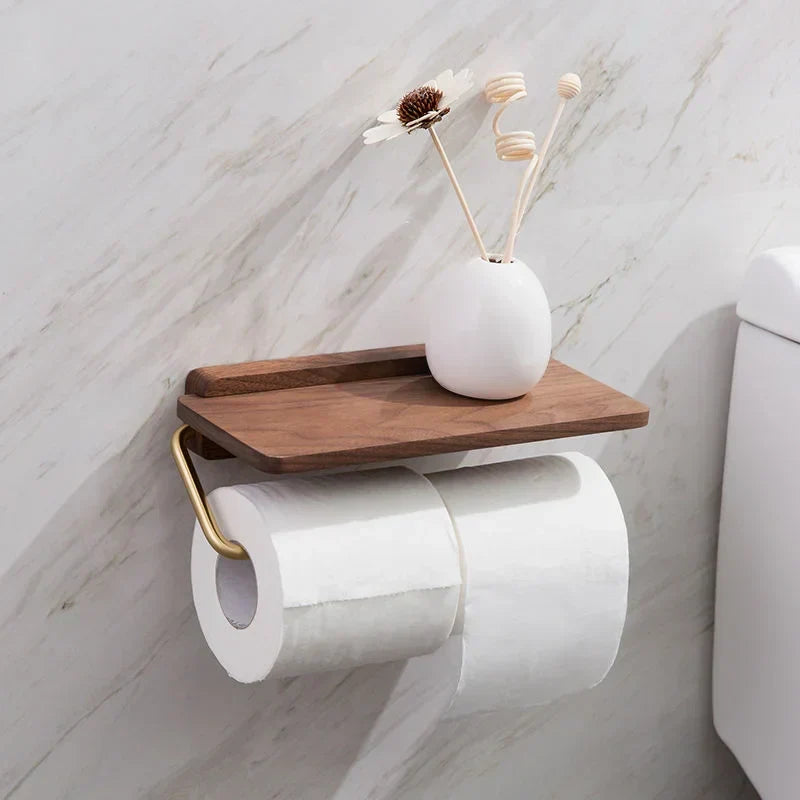 Toilet Paper Holder Wall-Mounted Solid Walnut Shelf
