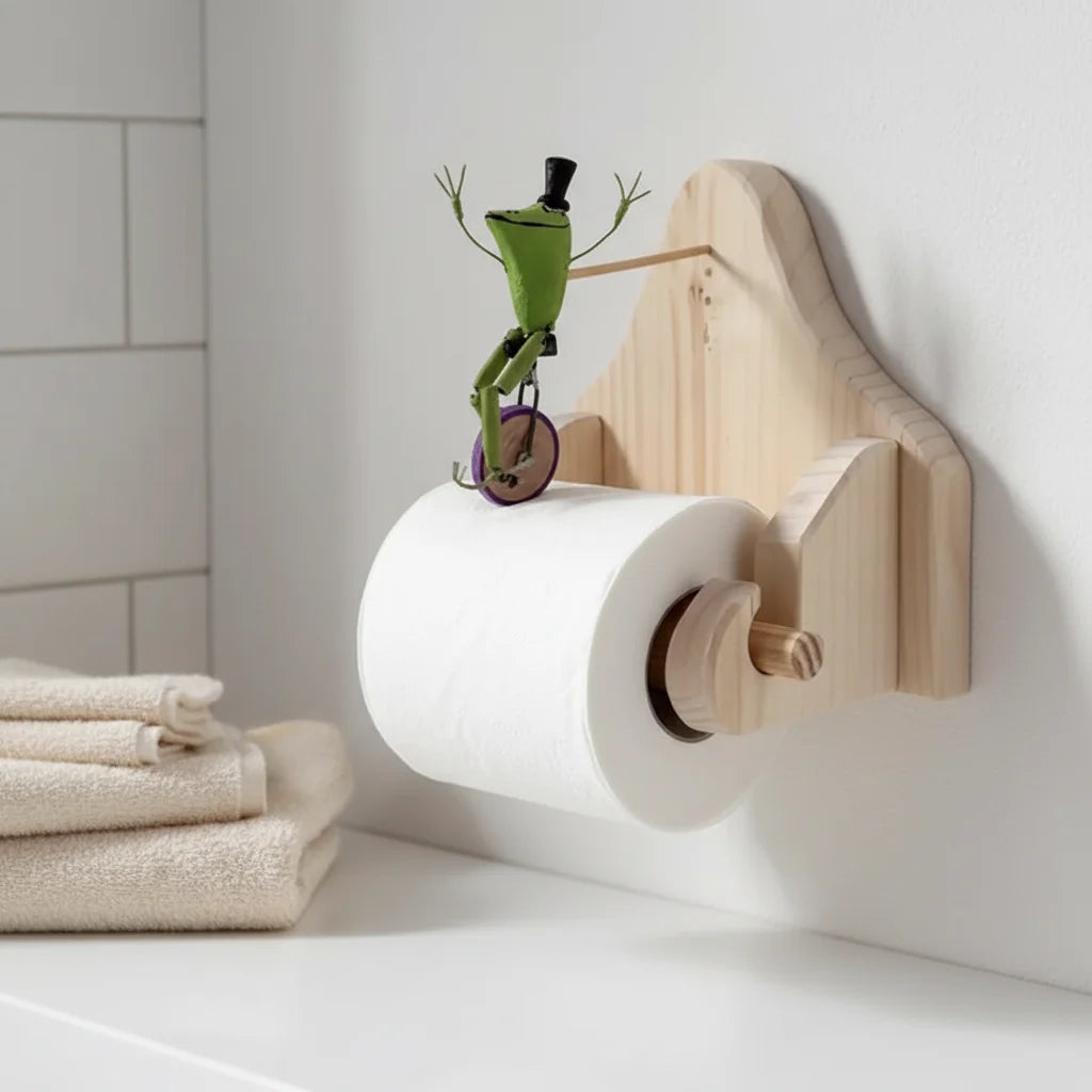 Toilet Paper Holder Wall-Mounted Solid Wood Frog Motif