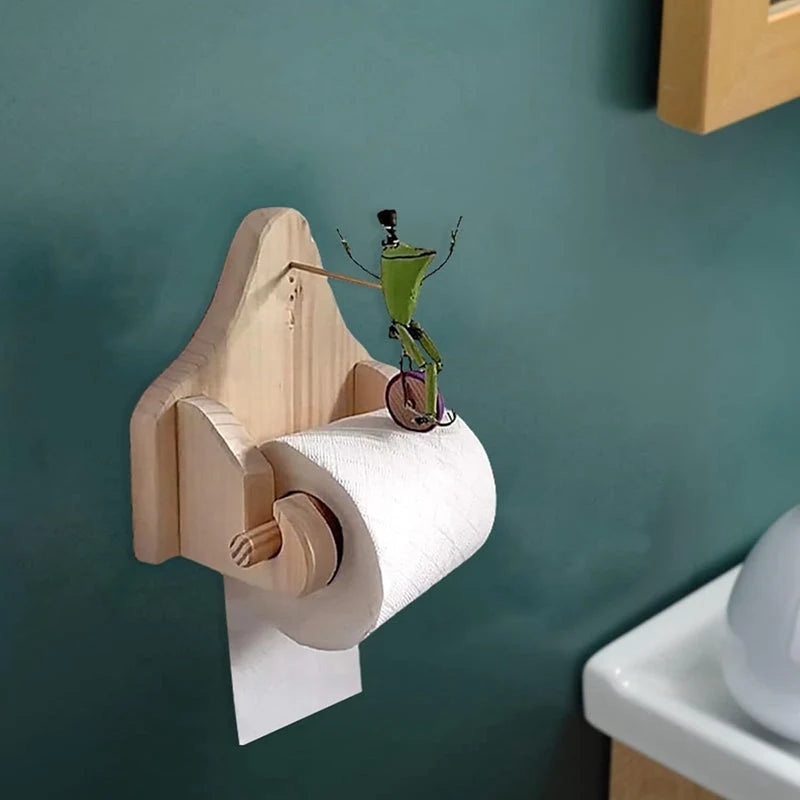 Toilet Paper Holder Wall-Mounted Solid Wood Frog Motif
