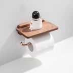 Toilet Paper Holder Wall-Mounted Walnut Shelf & Gold Rod