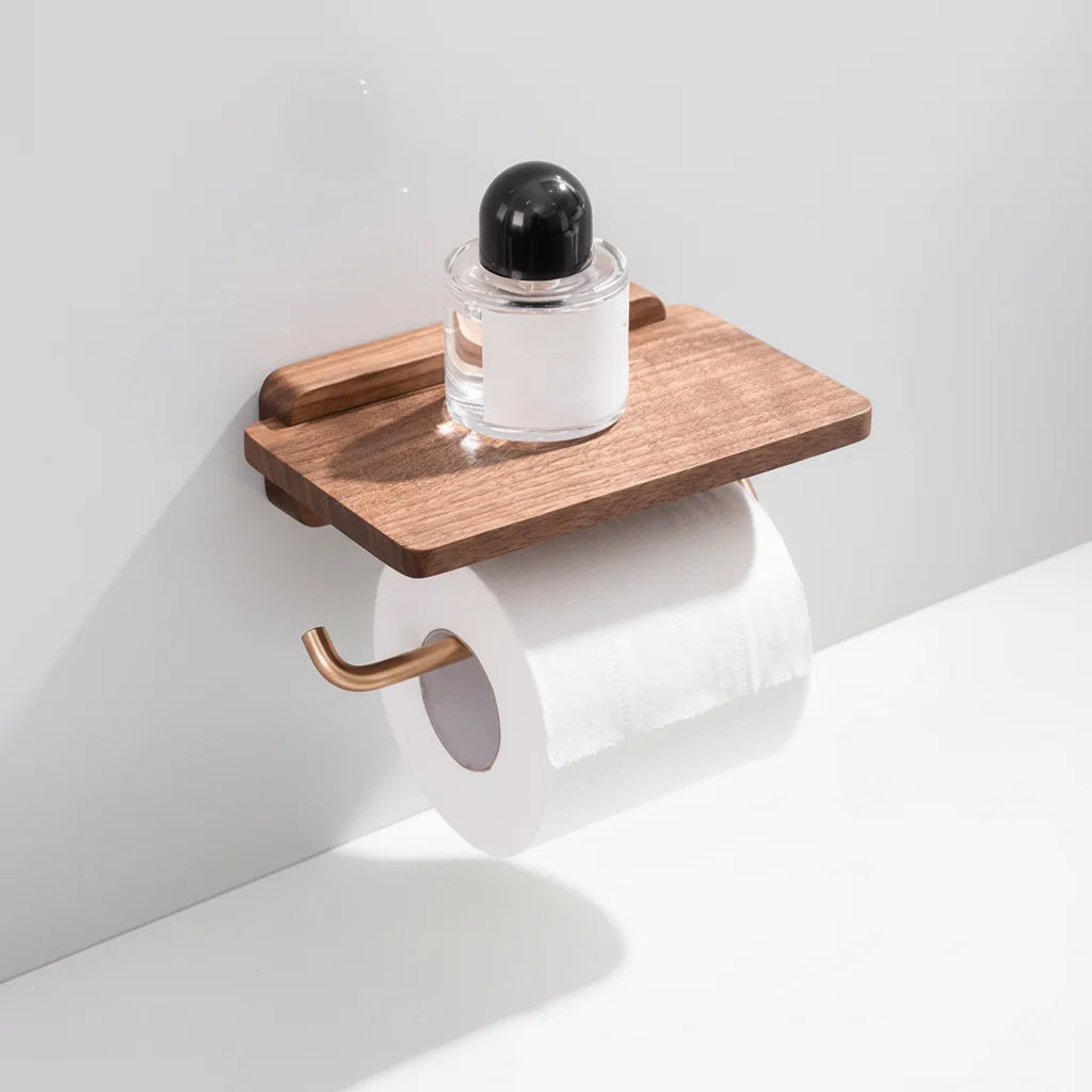 Toilet Paper Holder Wall-Mounted Walnut Shelf & Gold Rod
