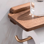 Toilet Paper Holder Wall-Mounted Walnut Shelf & Gold Rod