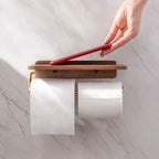 Toilet Roll Holder Wall-Mounted Walnut Wood & Brass Shelf