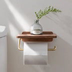 Toilet Roll Holder Wall-Mounted Walnut Wood & Brass Shelf