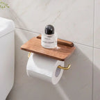 Toilet Roll Holder Wall-Mounted Walnut Wood & Brass Shelf