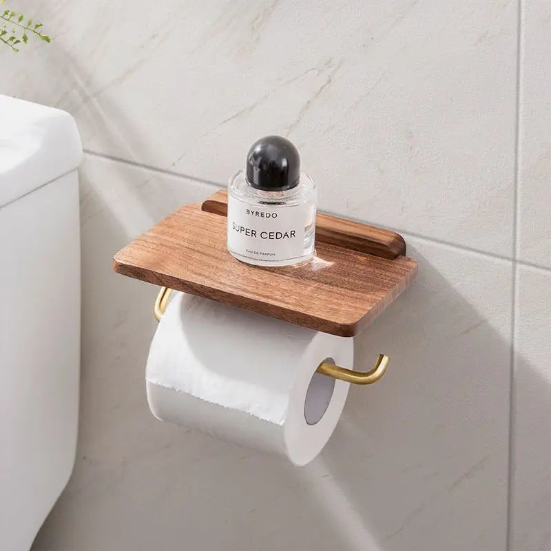 Toilet Roll Holder Wall-Mounted Walnut Wood & Brass Shelf