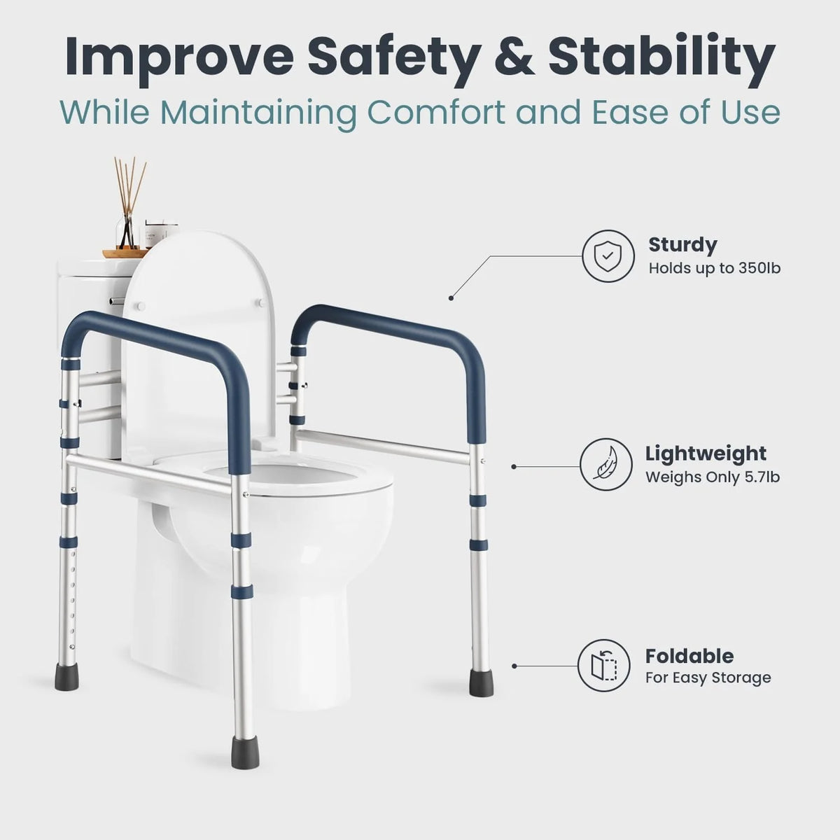 Toilet Safety Rails Adjustable Height & Width 350 lb