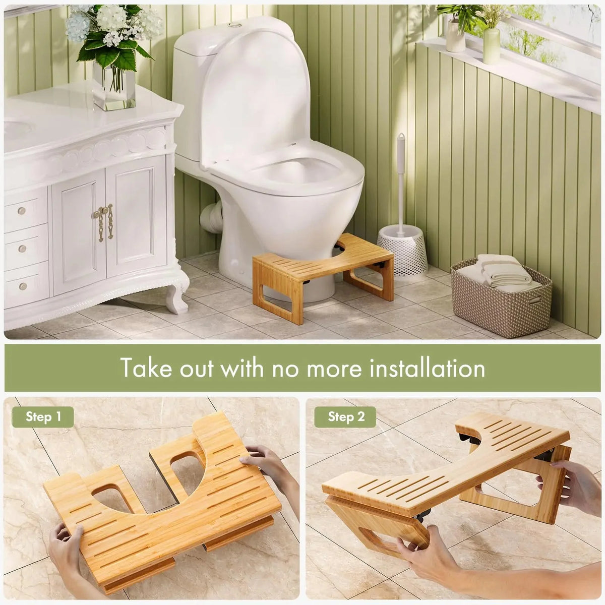 Toilet Stool Foldable Bamboo Anti-Slip Strips