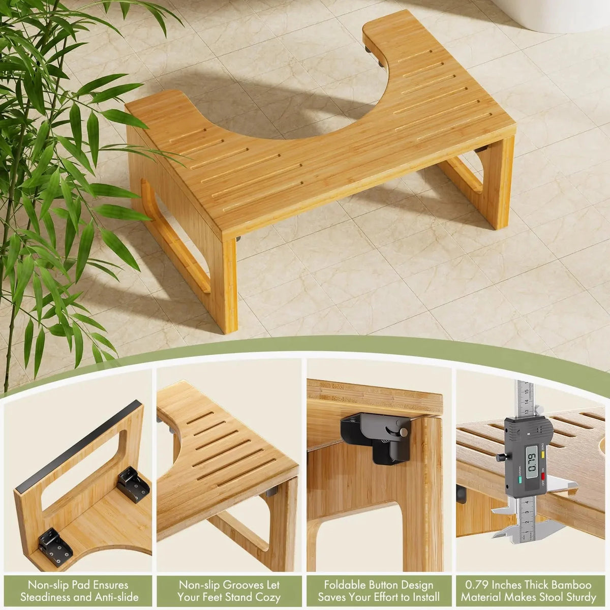 Toilet Stool Foldable Bamboo Anti-Slip Strips