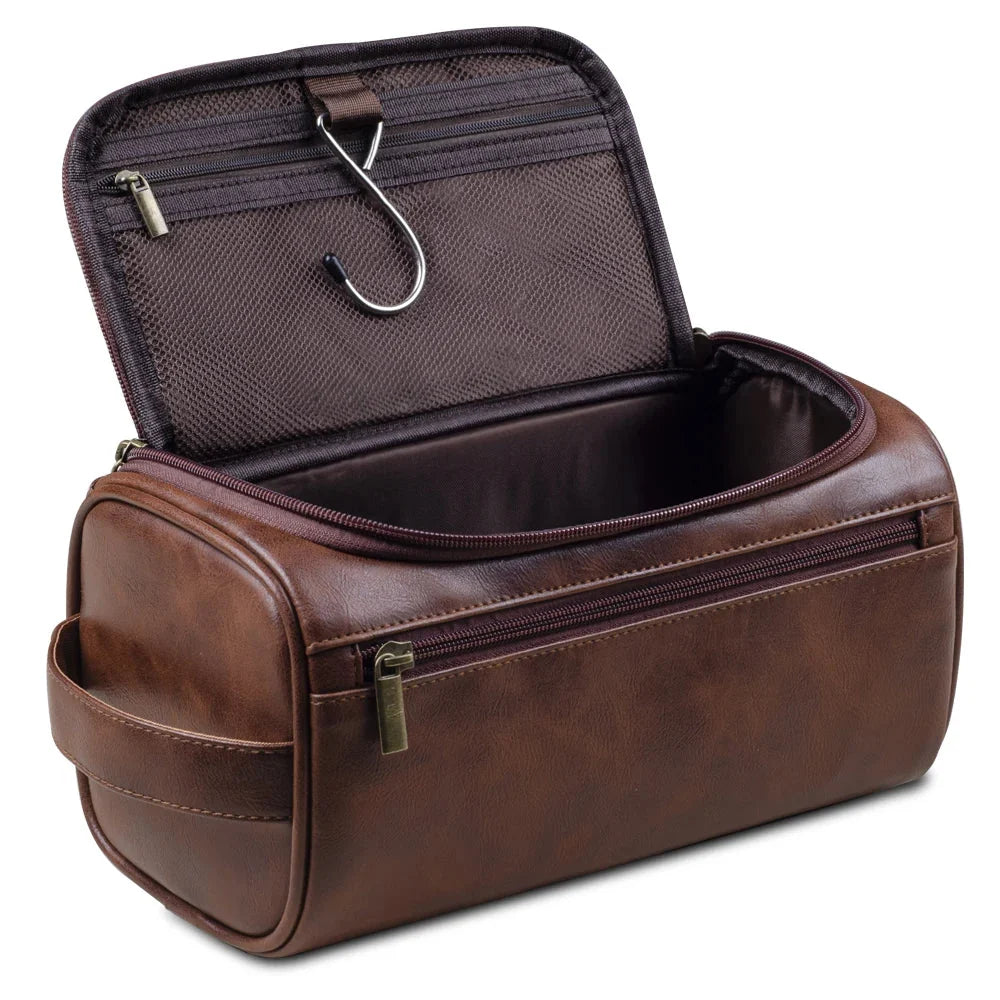 Toiletry Bag Leather Water-Repellent Hanging Hook & Interior Compartments