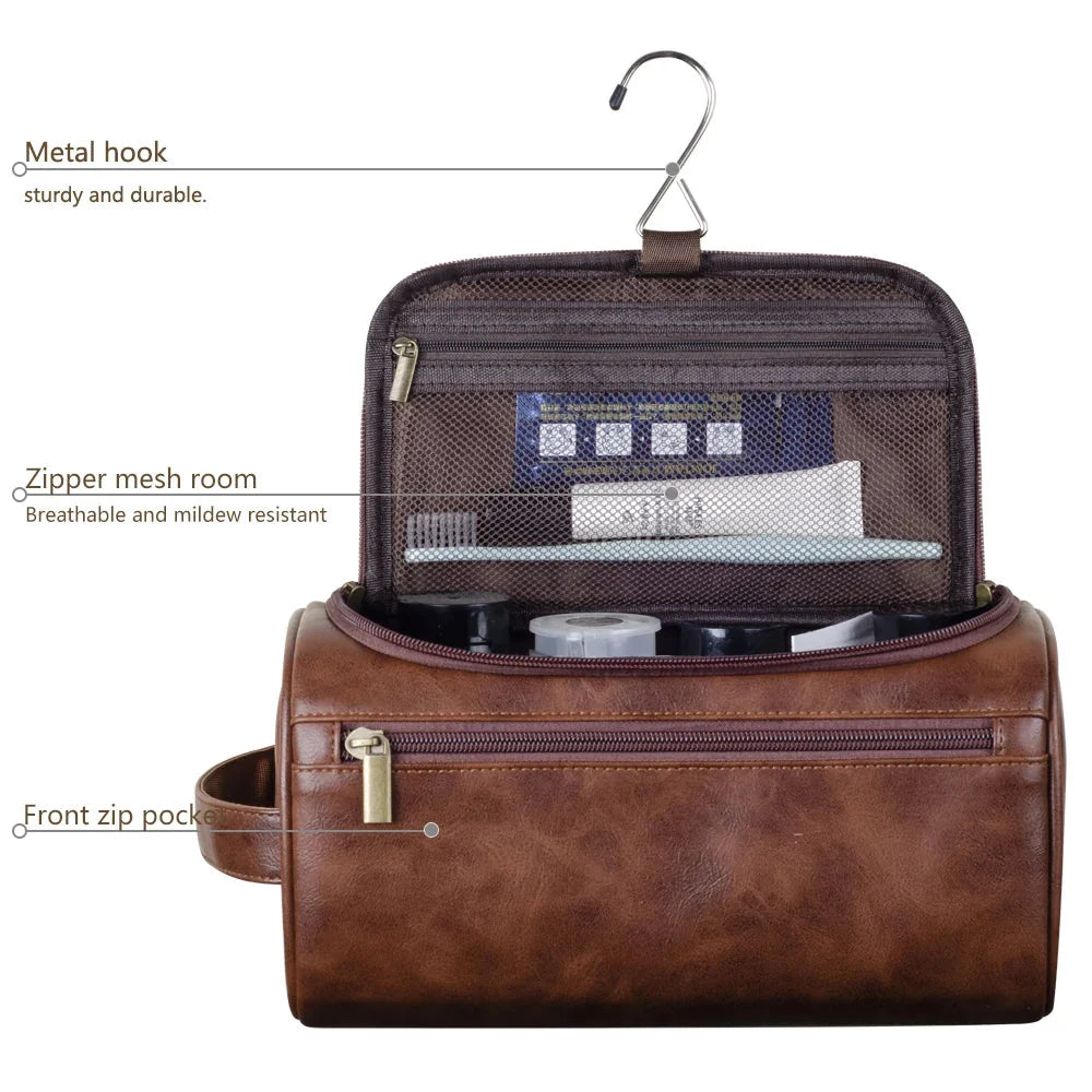 Toiletry Bag Leather Water-Repellent Hanging Hook & Interior Compartments
