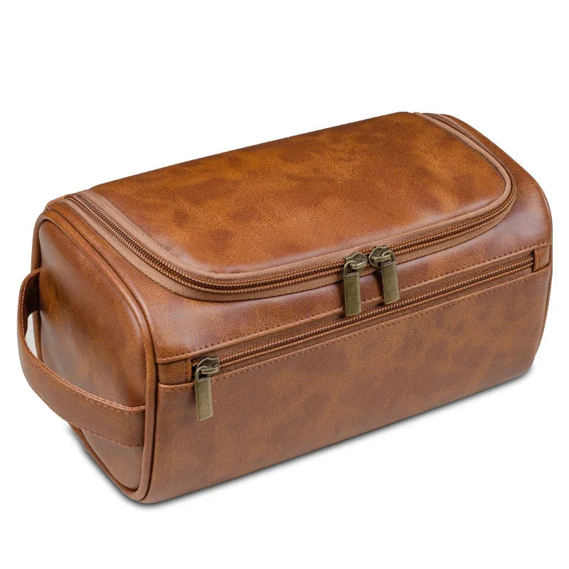Toiletry Bag Leather Water-Repellent Hanging Hook & Interior Compartments