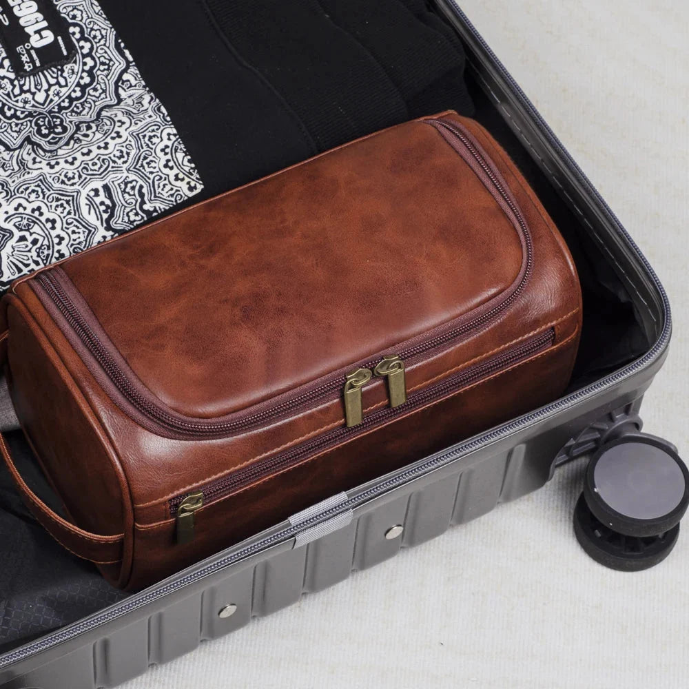 Toiletry Bag Leather Waterproof With Hanging Hook