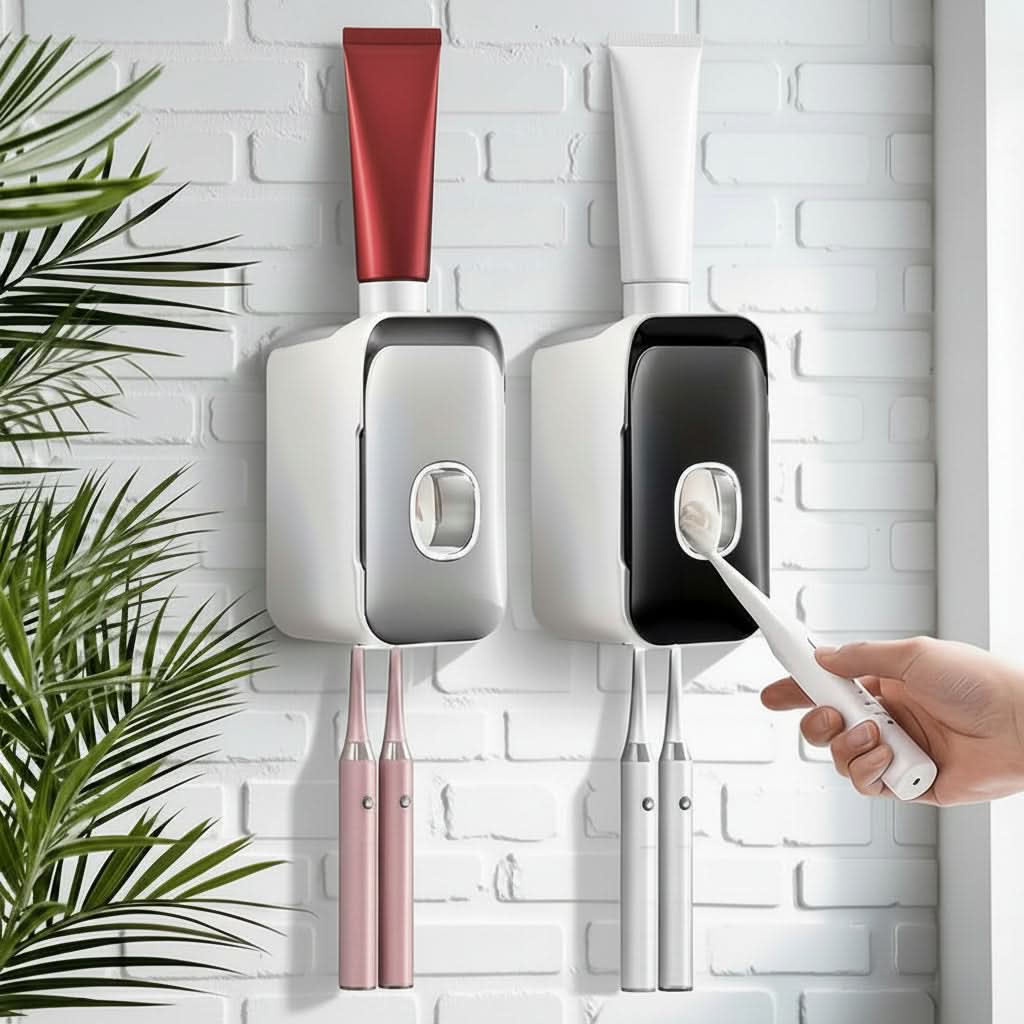 Toothpaste Dispenser Wall-Mounted Drill-Free Manual Push Space-Saving