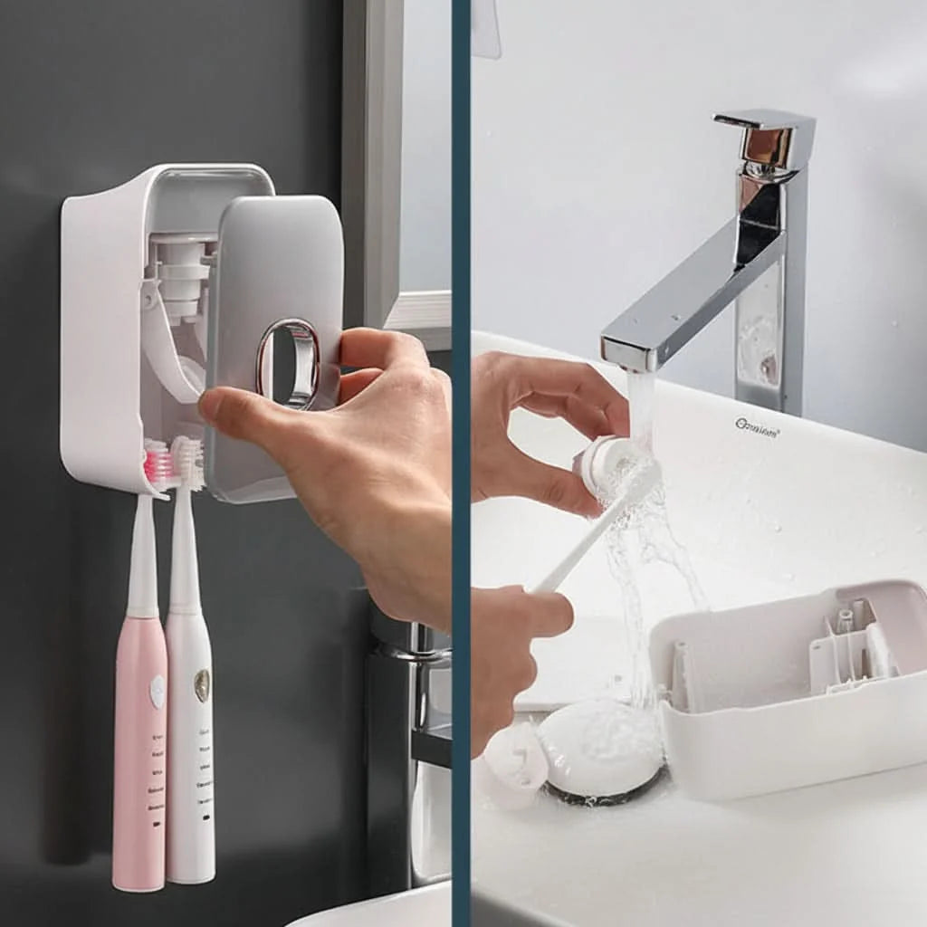 Toothpaste Dispenser Wall-Mounted Drill-Free Manual Push Space-Saving