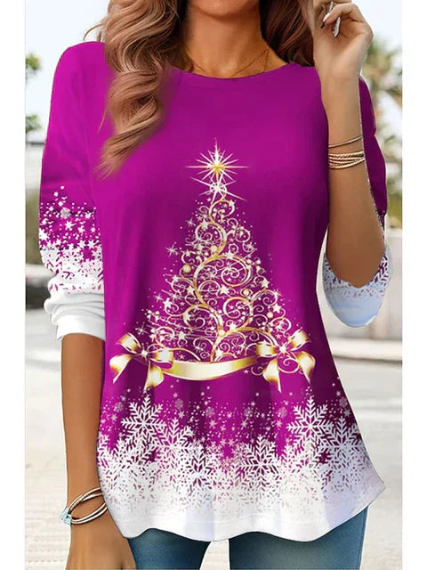 Top Loose Fit Long Sleeve Holiday Print