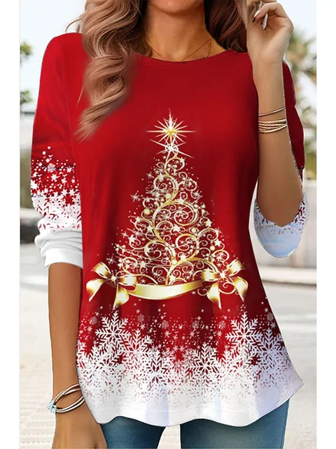 Top Loose Fit Long Sleeve Holiday Print