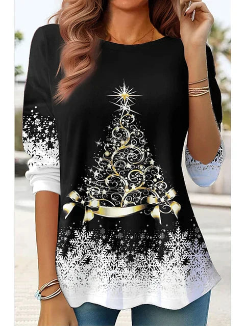 Top Loose Fit Long Sleeve Holiday Print