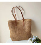 Tote Bag Handwoven Rattan Leather Handles & Zip Pocket