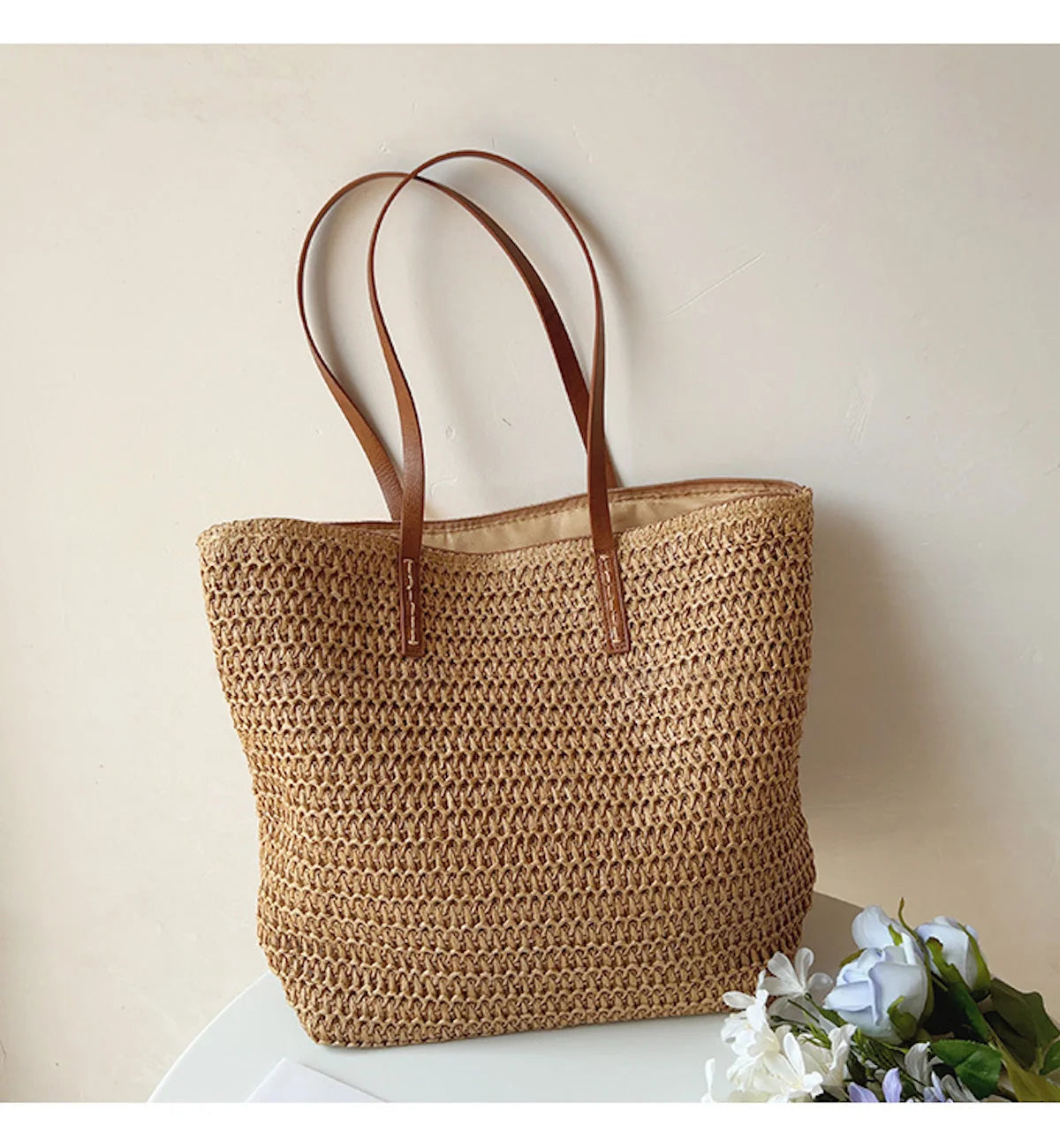 Tote Bag Handwoven Rattan Leather Handles & Zip Pocket