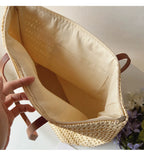Tote Bag Handwoven Rattan Leather Handles & Zip Pocket