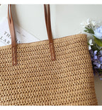 Tote Bag Handwoven Rattan Leather Handles & Zip Pocket