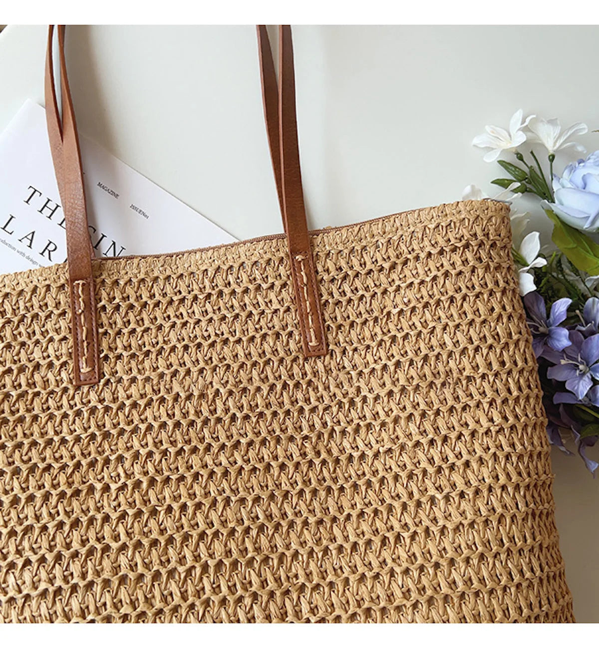 Tote Bag Handwoven Rattan Leather Handles & Zip Pocket