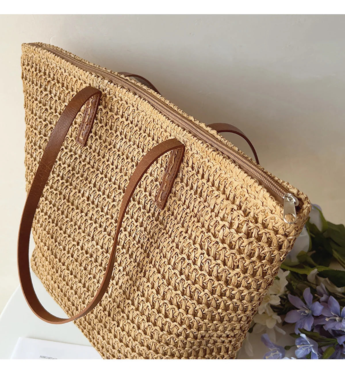Tote Bag Handwoven Rattan Leather Handles & Zip Pocket