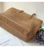 Tote Bag Handwoven Rattan Leather Handles & Zip Pocket
